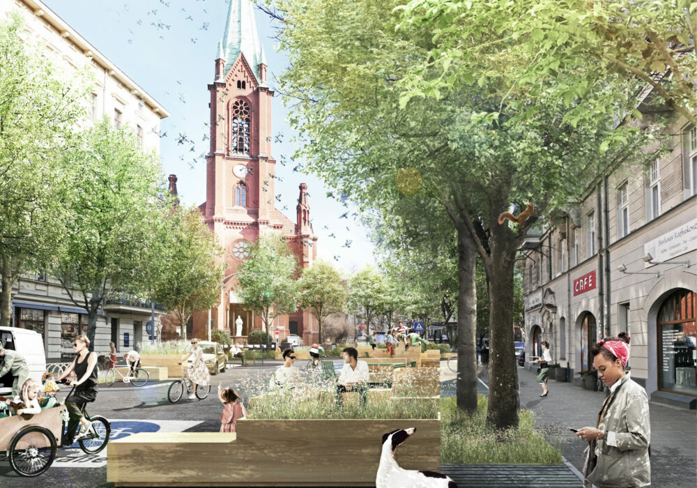 Visualisierung Stargarder Straße mit Blick auf Gethsemanekirche: eine ruhige Fahrradstraße mit belebten Sitzgelegenheiten, vielen Bäumen und Grünflächen