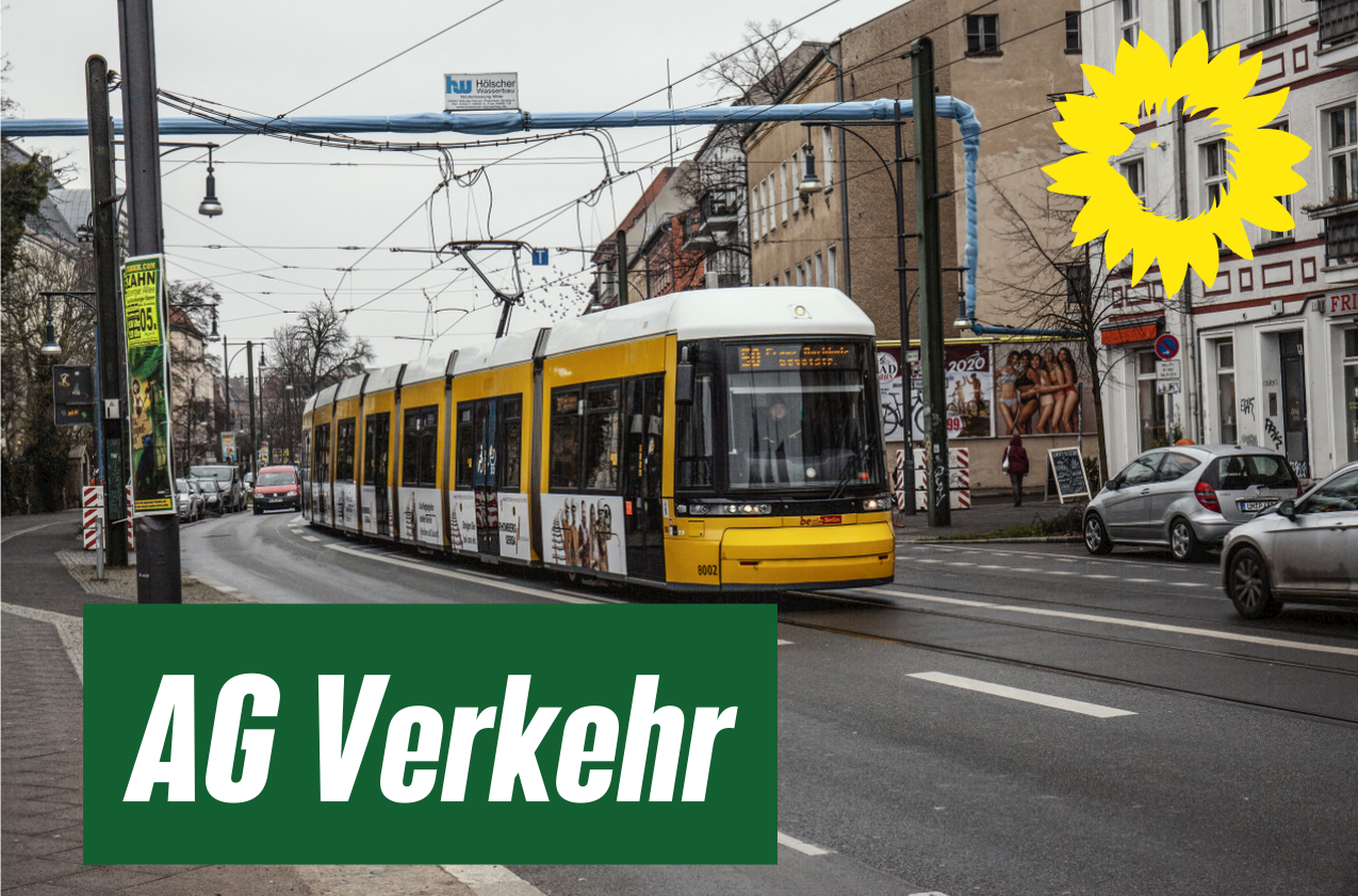 Ein Sharepic mit dem Bild einer Straßenszene mit einer Berliner Straßenbahn und dem Text "AG Verkehr"