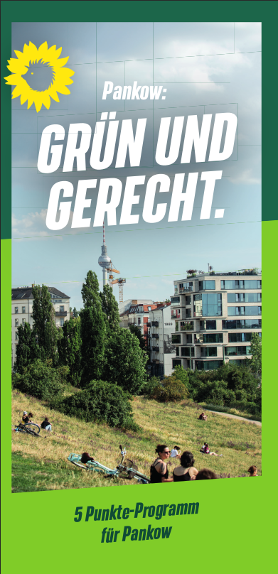 Coverbild: Der Mauerpark, im Hintergrund Wohngebäude und der Berliner Fernsehturm, Text: "Pankow: GRÜN UND GERECHT."