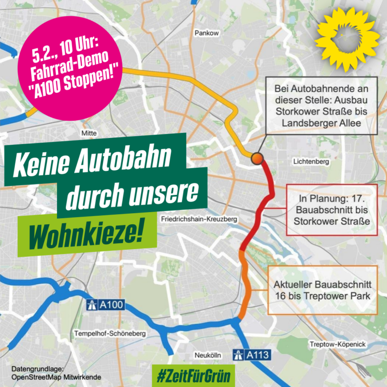 Geplante Route des A100-Ausbaus. Davor der Text: Keine Autobahn durch unsere Wohnkieze!