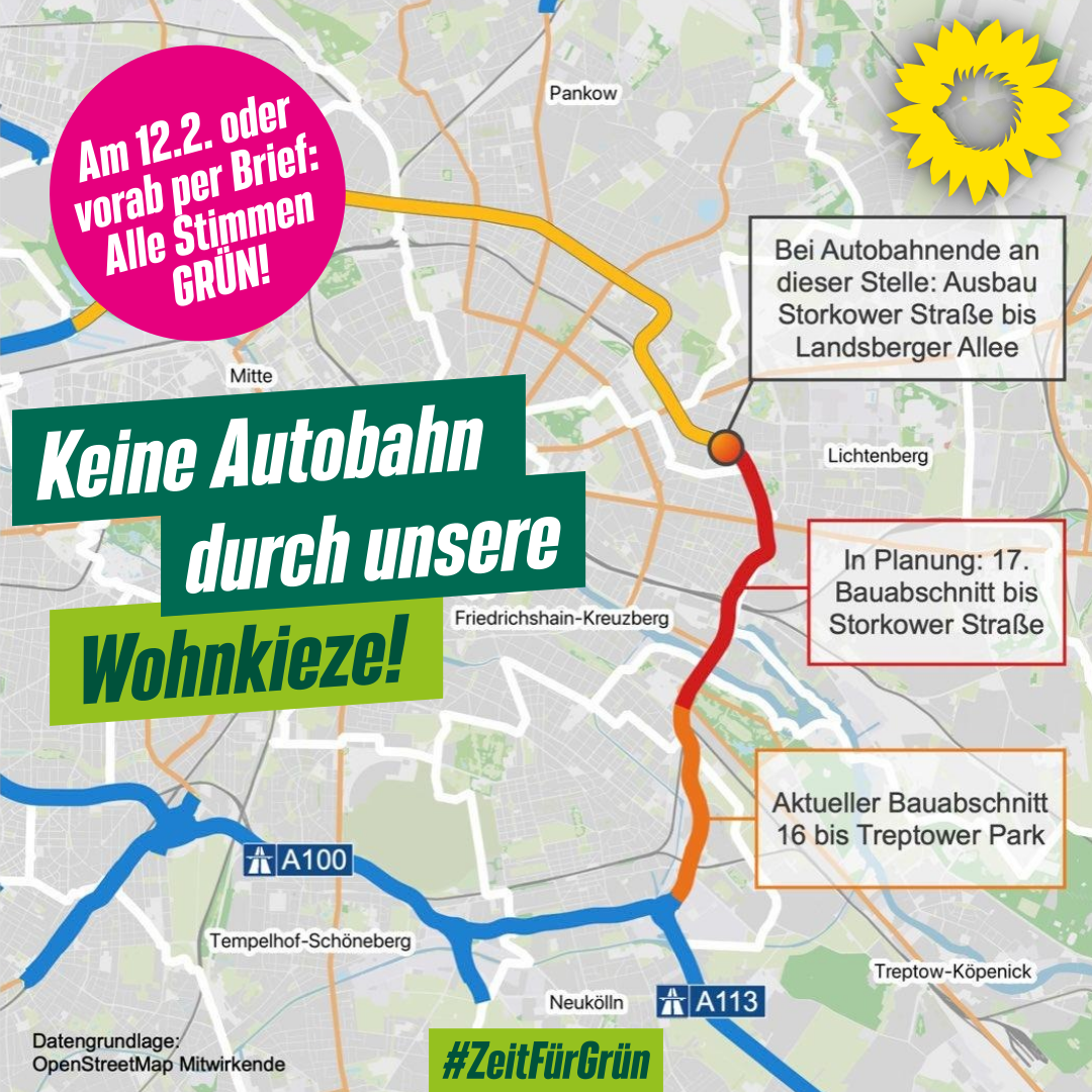 Geplante Route des A100-Ausbaus. Davor der Text: Keine Autobahn durch unsere Wohnkieze!