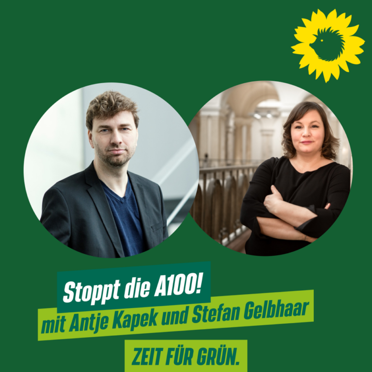 Episodenbild #29: Porträts von Stefan Gelbhaar und Antje Kapek. Davor der Text: "Stoppt die A100! mit Stefan Gelbhaar und Antje Kapek"