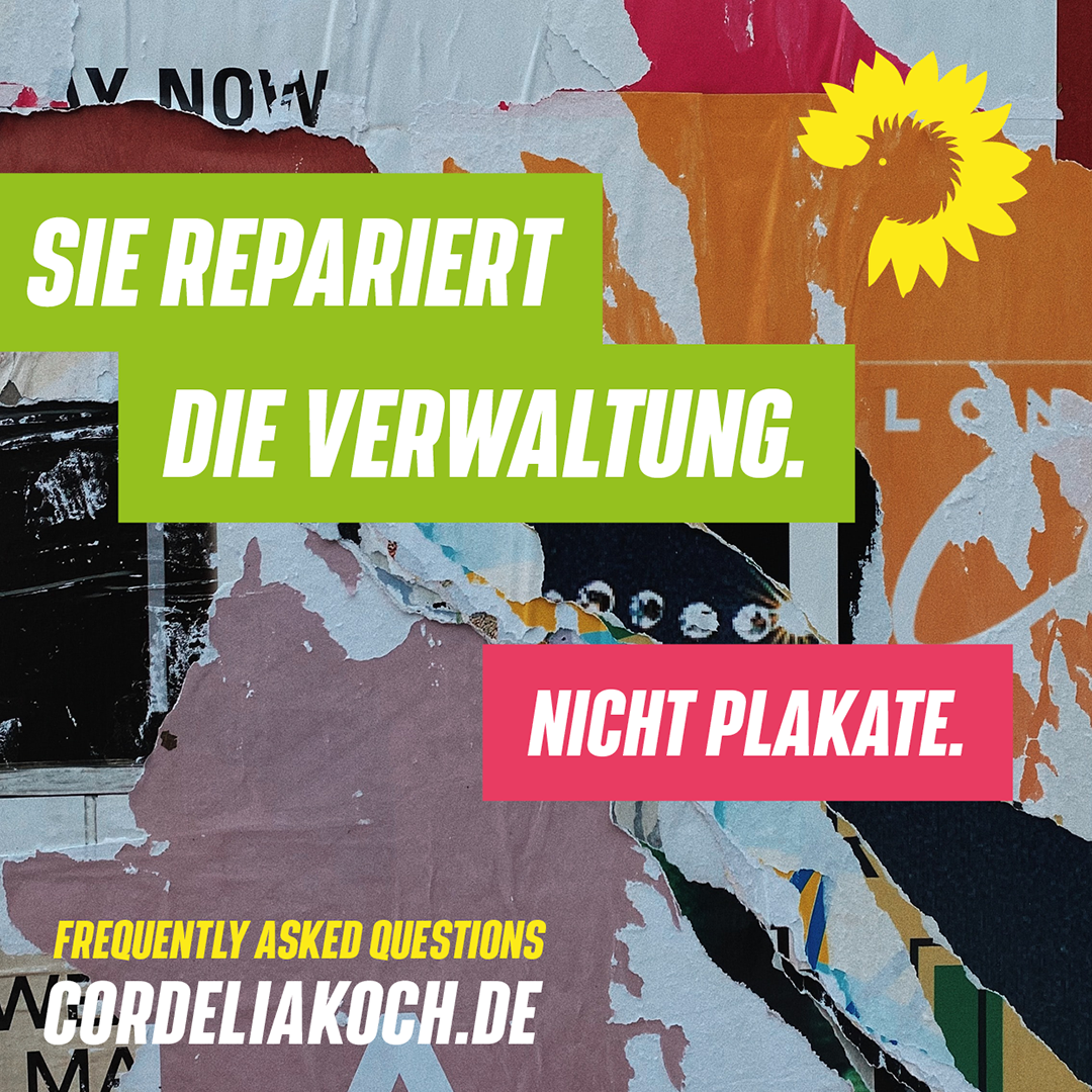 Bunte Schnipsel zerrissenen Papiers, Davor der Text: "Sie rapariert die Verwaltung. Nicht Plakate. FAQ: Cordeliakoch.de