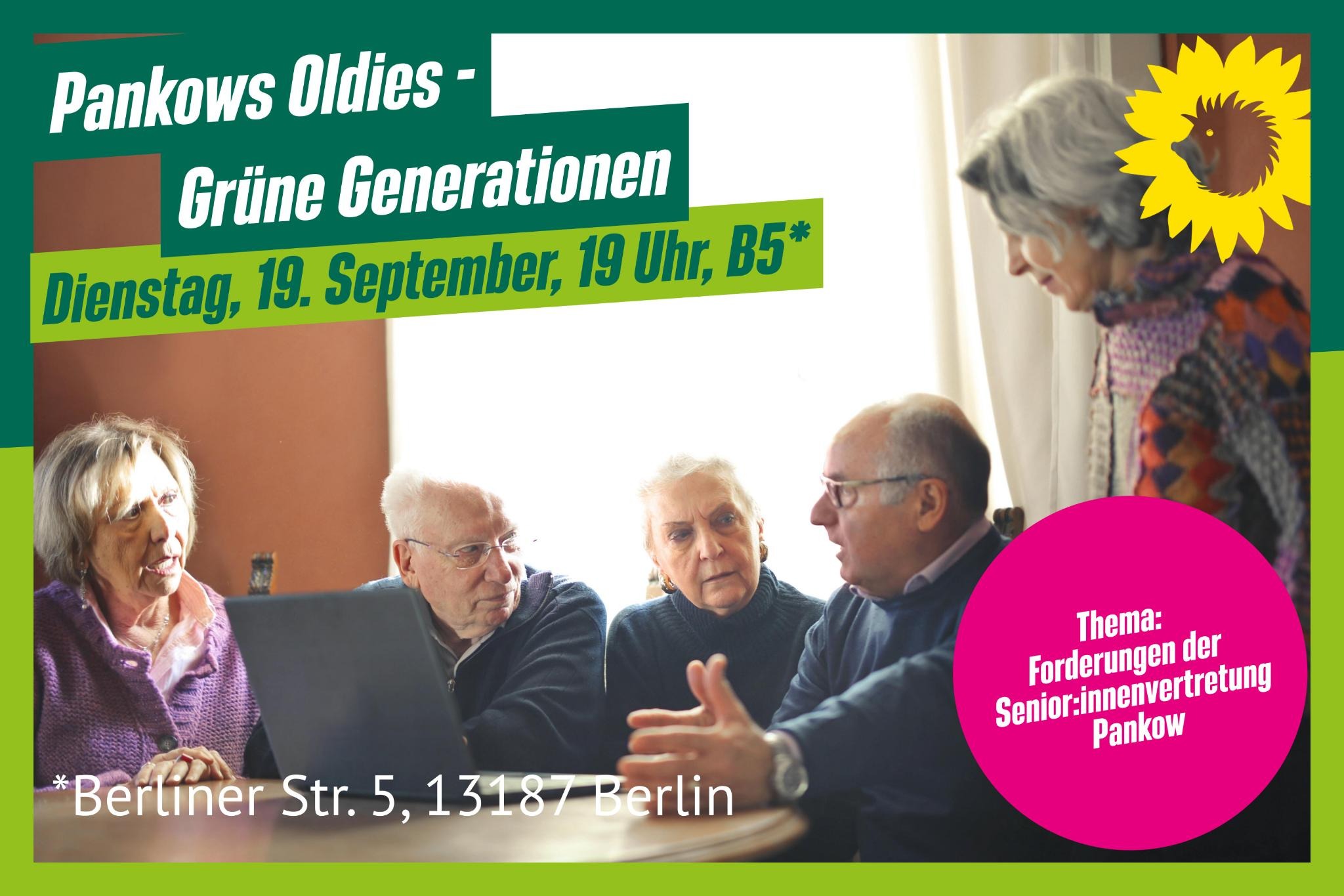 Ein Sharepic: Eine Gruppe von älteren Menschen im Gespräch. Dazu die Informationen zur Veranstaltung.