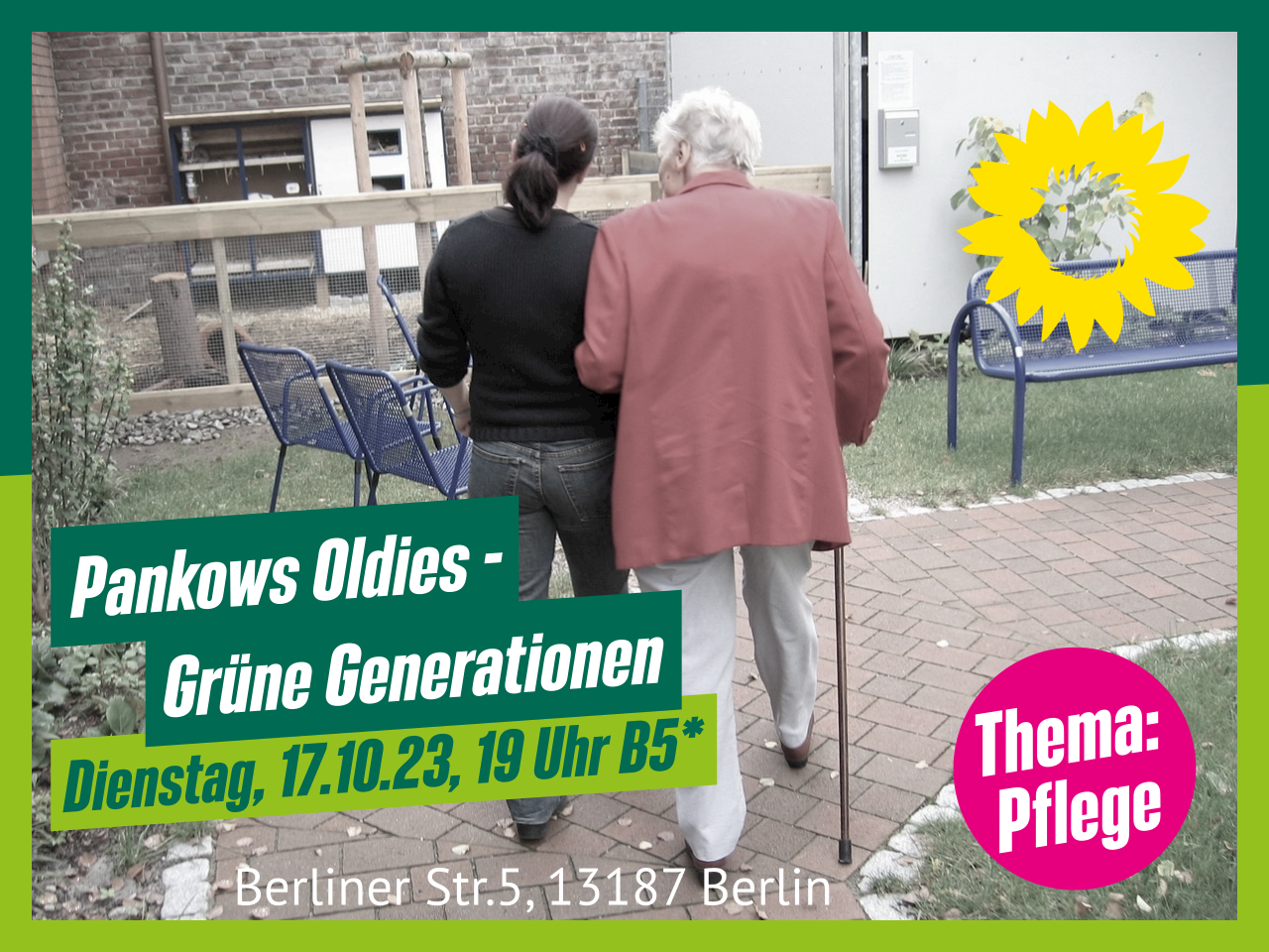 Ein Sharepic für die Sitzung der AG "Pankows Oldies – Grüne Generationen". Zwei Personen gehen in einem Hof einen Weg entlang; eine hat weißes Haar und nutzt einen Gehstock, die andere stützt sie zusätzlich. Dazu die Veranstaltungsinformationen.