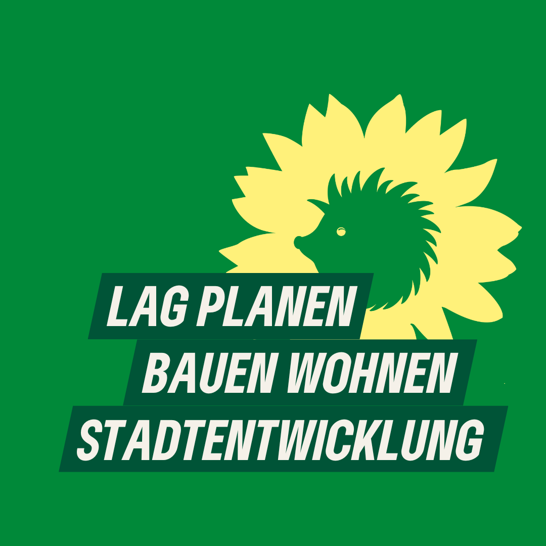 Auf kleegrünem Hintergrund der Text "LAG Planen Bauen Wohnen Stadtentwicklung" sowie der Sonnenigel als Bildmarke von B'90/GRÜNE in Berlin.