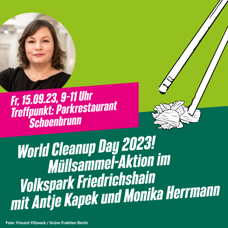 World Cleanup Day 2023: Müllsammel-Aktion im Volkspark Friedrichshain mit Antje Kapek und Monika Herrmann