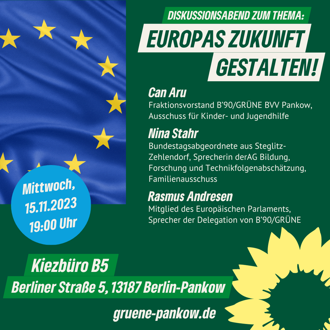 Ein Sharepic: Ausschnitt einer EU-Flagge, dazu die Informationen zur Veranstaltung.