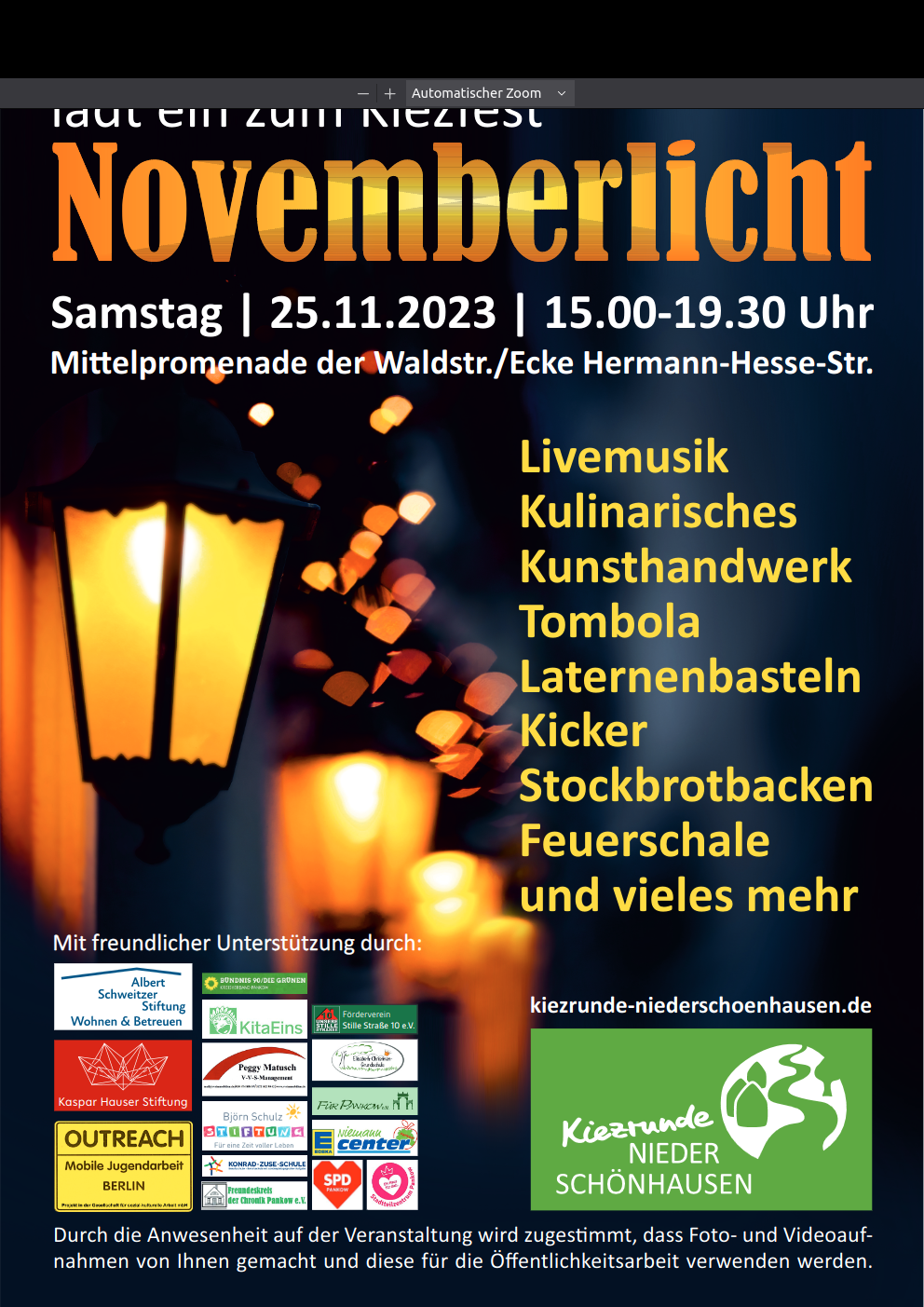 Plakat der Kiezrunde Niederschönhausen zum Kiezfest Novemberlicht am 25.11.2023 mit den Veranstaltungsinformationen. Das Plakat zeigt antike Gaslaternen in einer dunklen Straße.