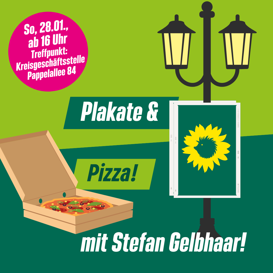 Plakate und Pizza: Ein Laternenmast mit Plakat, ein PÜizzakarton und die Veranstaltungsinformationen