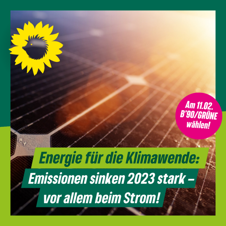 Ein Sherpic: "Energie für die Klimawende; Emissionen sanken 2023 stark – vor allem ebim Strom!"