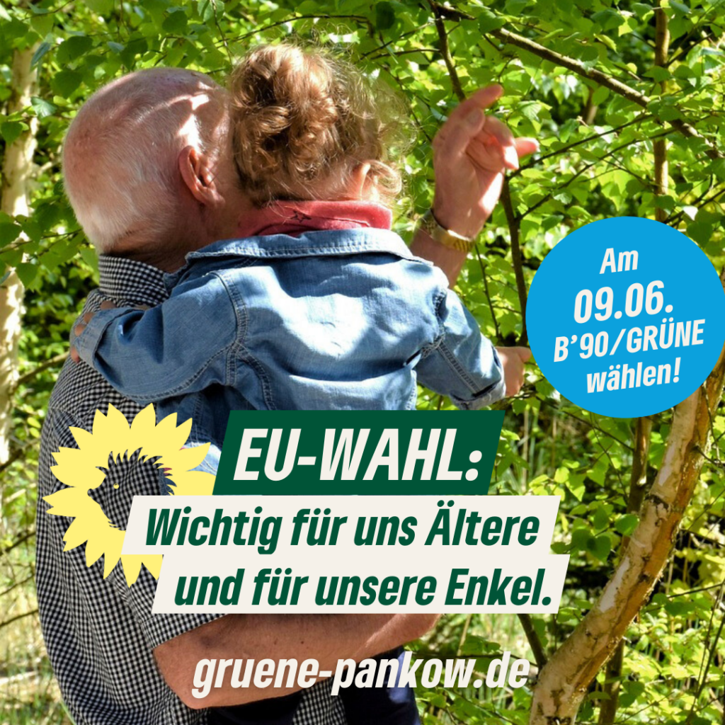 Ein älterer Mann hält ein Kindergartenkind auf dem Arm, sie betrachten einen Zweig an einem Baum. Dazu der Text: "EU-Wahl: Wichtig für uns Ältere und für unsere Enkel. Am 09.06. B’90/GRÜNE wählen!"