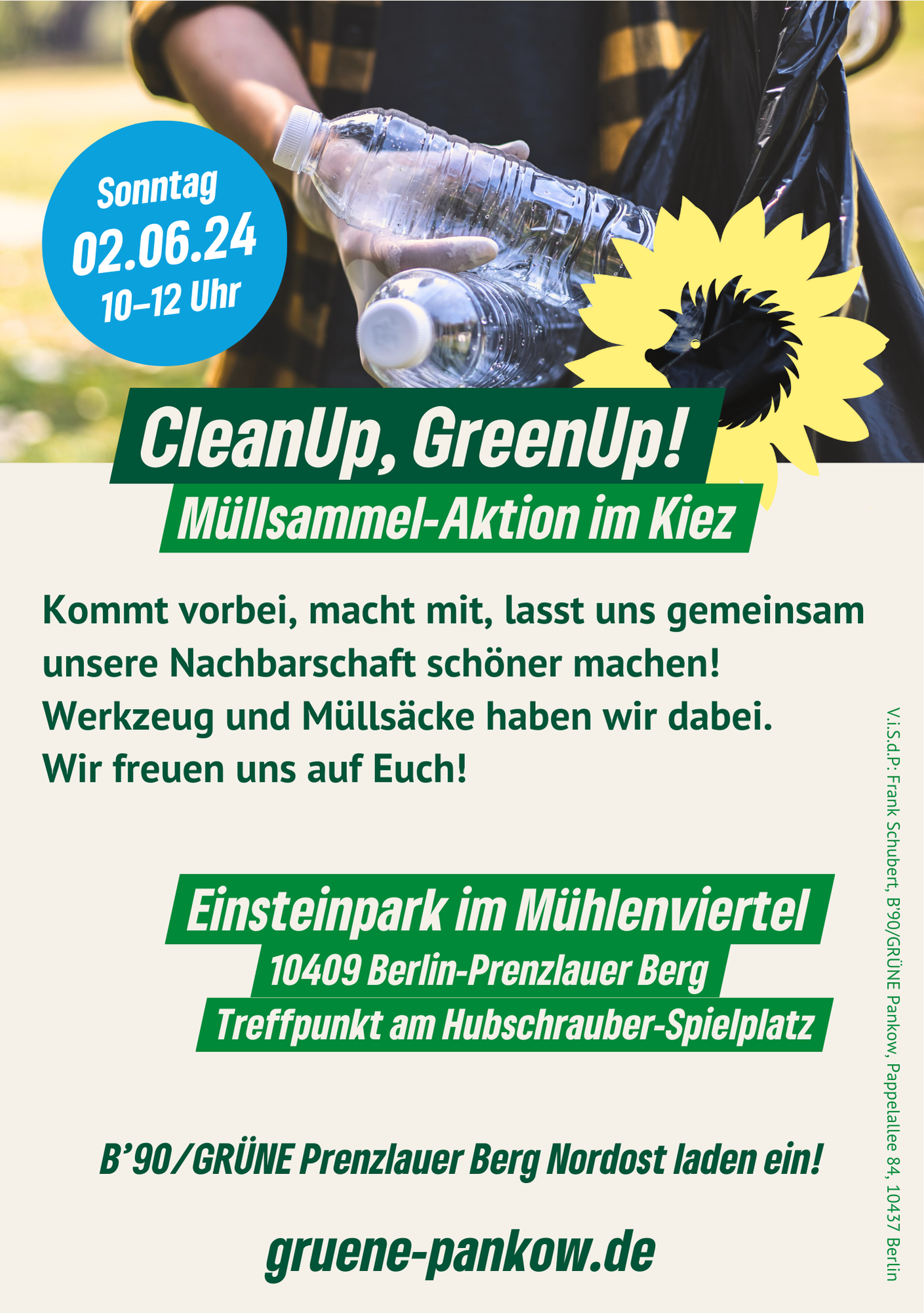 Ein Plakat zu der Müllsammel-Aktion am 02.06.24 mit einem Foto: Plastik-Flaschen werden in einen Müllsack gesammelt. Dazu die Termin-Infomationen