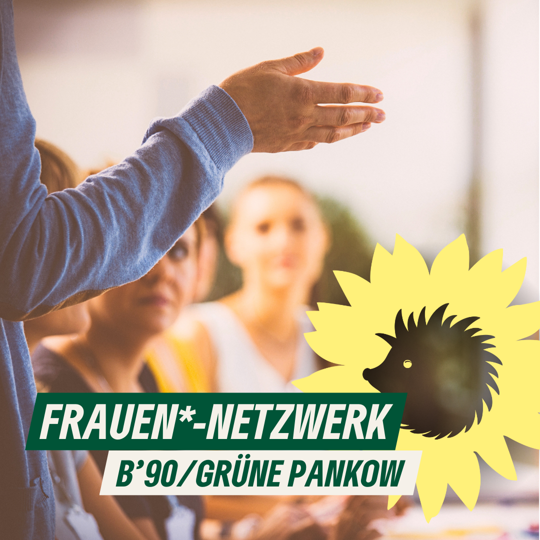 Eine Gruppe von Frauen blickt auf eine Rednerin, von der im Bild nur die gestikulierende Hand zu sehen ist. Dazu der Text: "Frauen*-Netzwerk – B'90/GRÜNE Pankow" und der Sonnenigel als Logo von B'90/GRÜNE im Landesverband Berlin