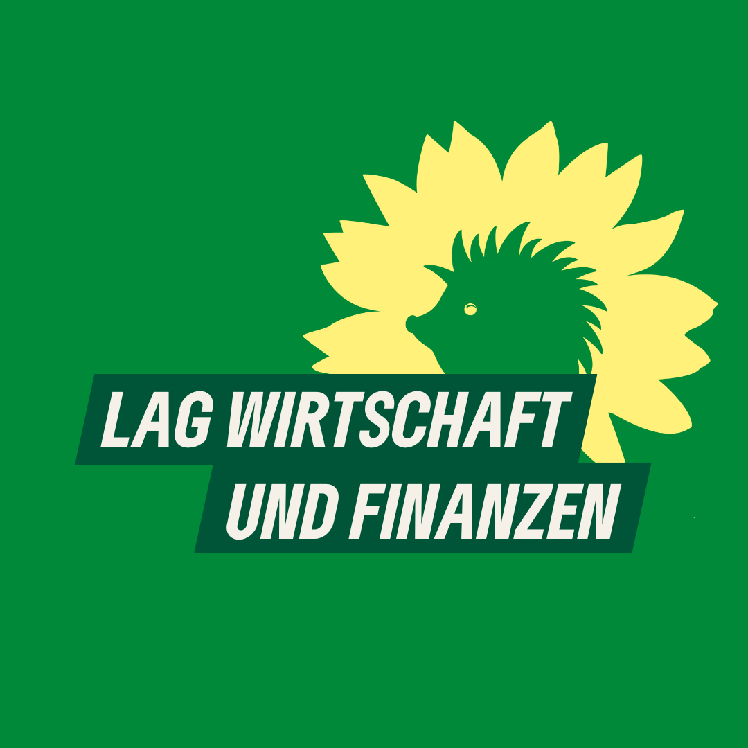 Auf kleegrünem Hintergrund der Text "LAG Wirtschaft und Finanzen" sowie der Sonnenigel als Bildmarke von B'90/GRÜNE in Berlin.