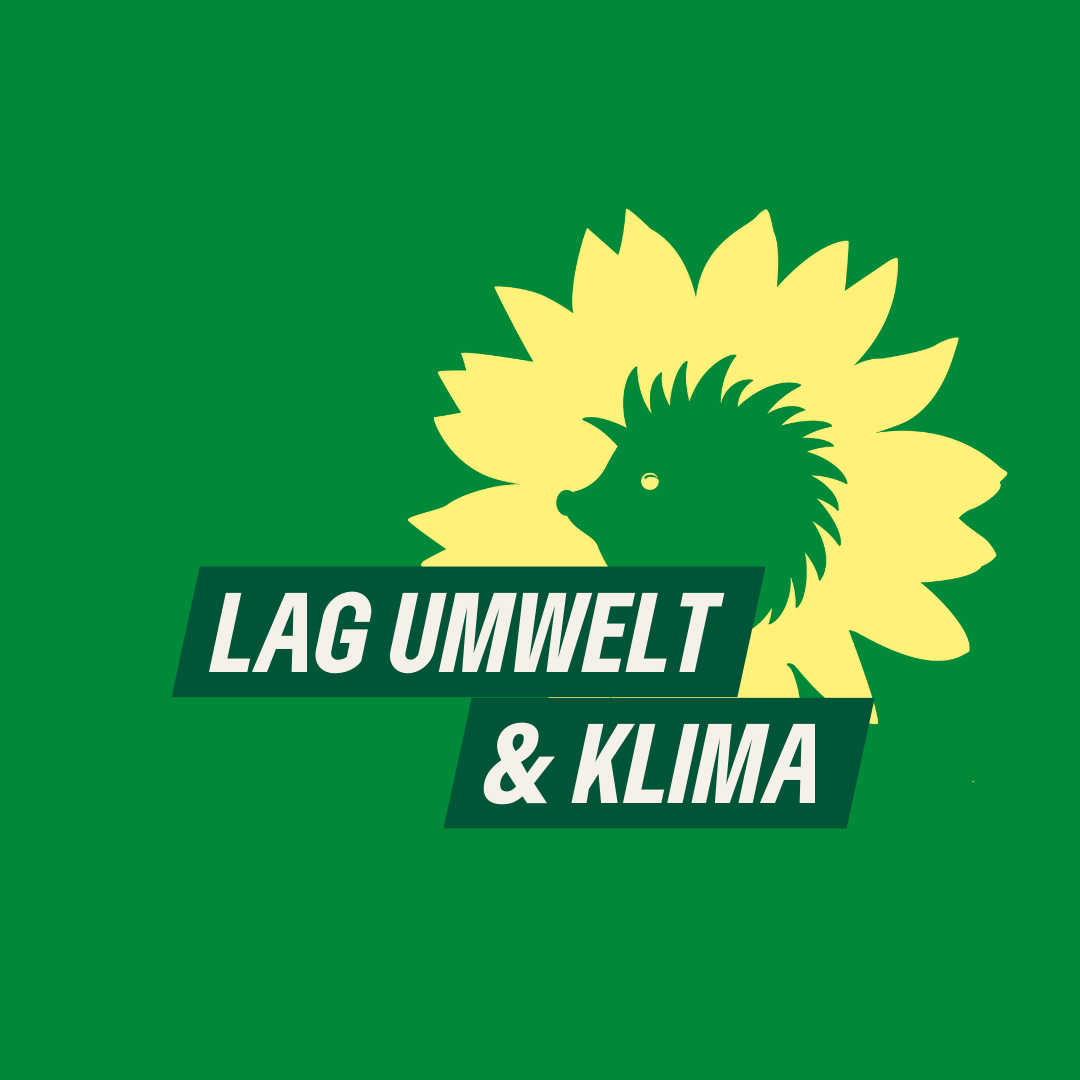 Auf kleegrünem Hintergrund der Text "LAG Umwelt & Klima" sowie der Sonnenigel als Logo von B'90/GRÜNE in Berlin.