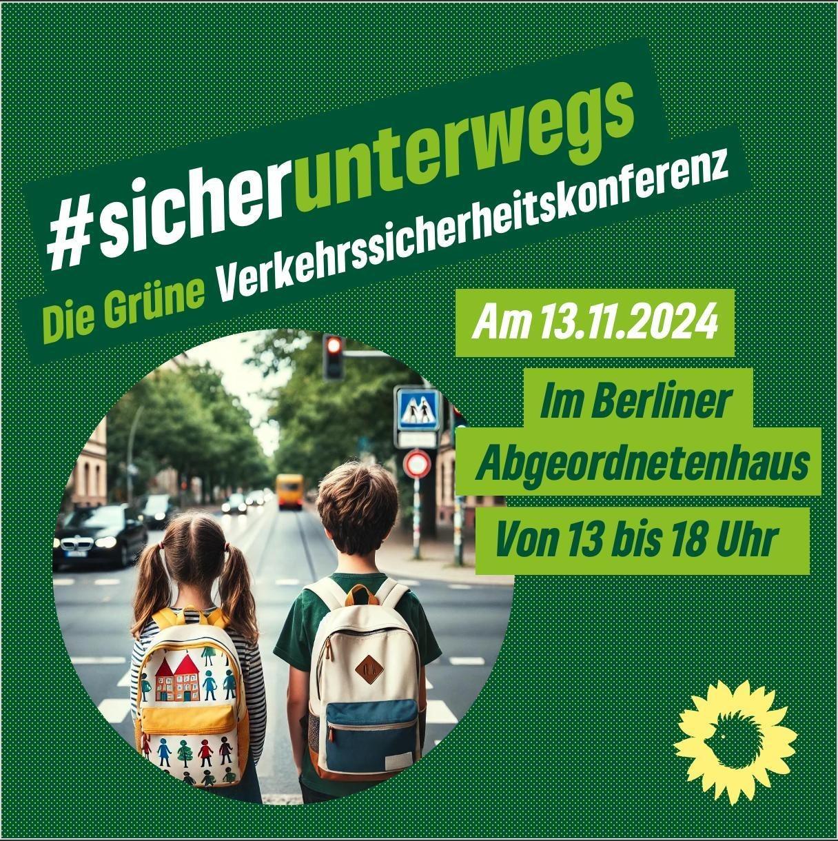 Sharepic zur Veranstaltung: In grünem Design ein Bild mit zwei Schulindern auf einer Straße und die Veranstaltungsinformationen.