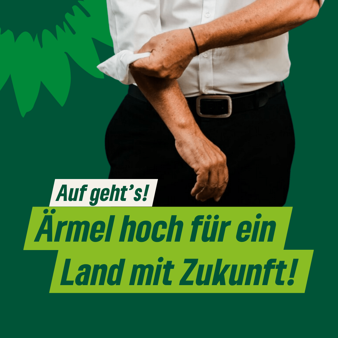 Eine Person krempelt die Ärmel ihres weißen Hemdes hoch. Dazu der Text: "Auf geht's! Ärmel hoch für ein Land mit Zukunft!"