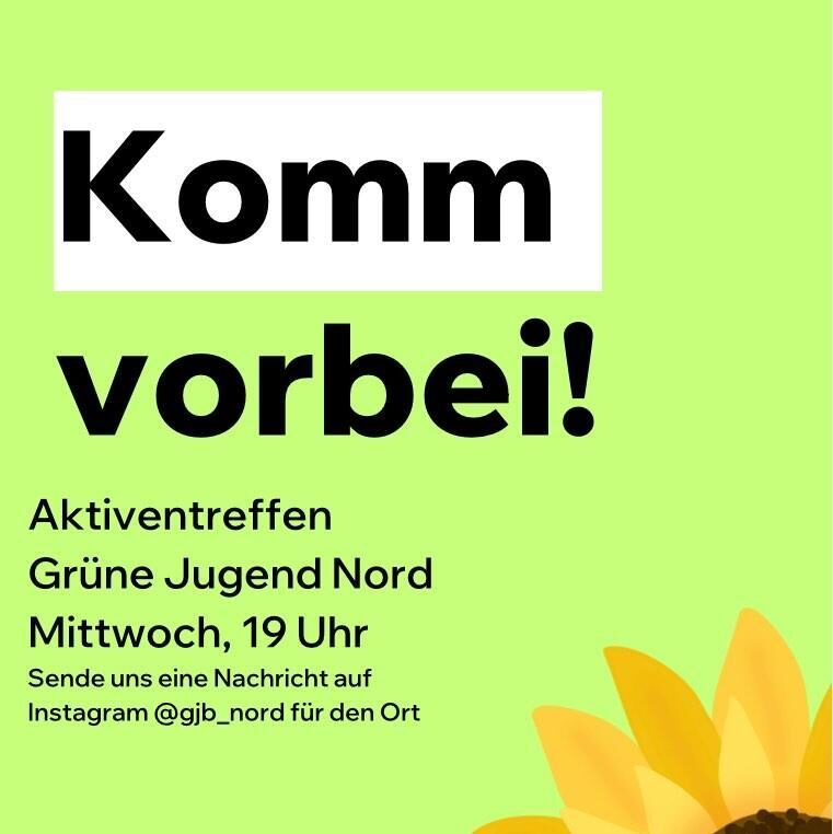 Auf hellgrünem Hintergrund der Text: Komm vorbei! Aktiventreffen Grüne Jugend Nord – Mittwoch, 19 Uhr – Sende uns eine Nachricht auf Instagram @gjb_nord für den Ort.