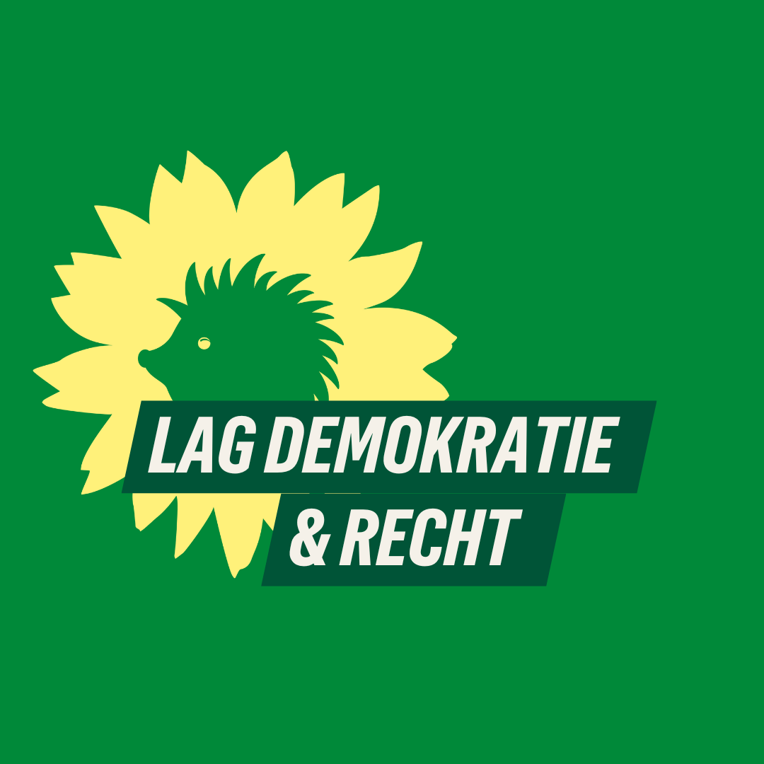 Vor grünem Hintergrund dunkelgrüne TExtbalken: "LAG DEmokratie & Recht" und dazu der Sonnenigel, das Logo von B'90/GRÜNE in Berlin.