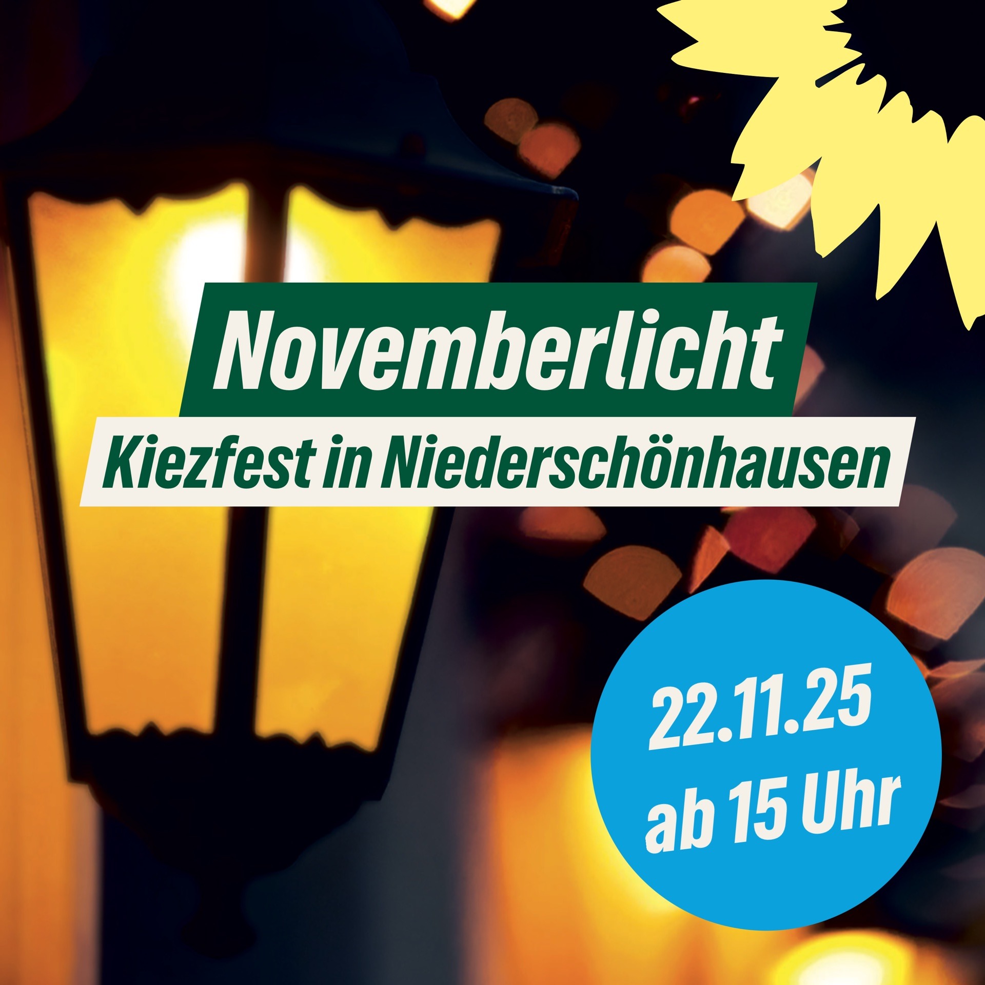 Bild von einer Straßenlaterne. Davor Text mit "Novemberlicht. Kiezfest in Niederschönhausen" und dem Datum und Uhrzeit 22.11.25 ab 15 Uhr.