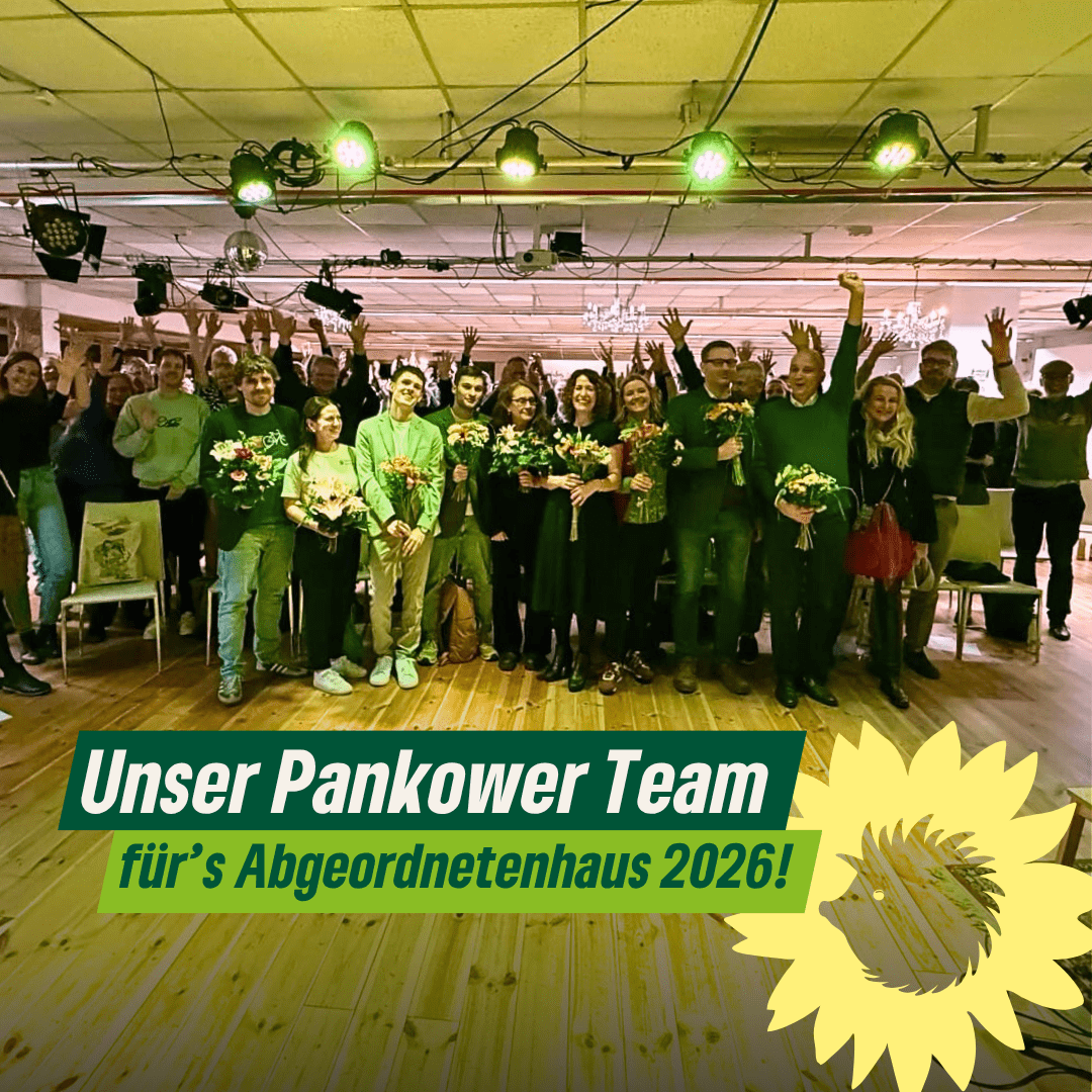 Gruppenfoto von etwa 30 Personen in einem Veranstaltungsraum, die jubelnd die Arme hochstrecken und Blumensträuße halten, mit der Aufschrift Unser Pankower Team für's Abgeordnetenhaus 2026 und einer gelben Sonnenblume als Logo. Die Personen stehen auf einem Holzboden unter grüner Bühnenbeleuchtung in einem Raum mit abgehängter Decke und Bühnentechnik.