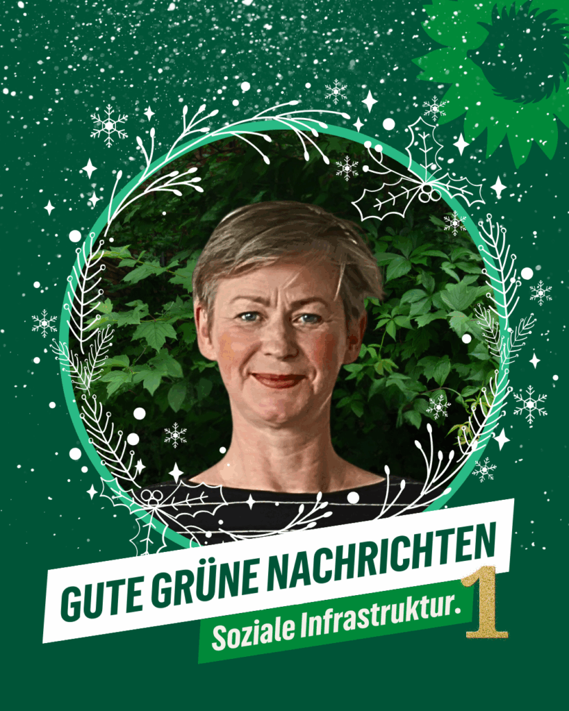 Grafik im winterlich-grünen Design mit Schneeflocken, Sternen und einem dekorativen Kranz. Im Zentrum ein Porträt einer lächelnden Frau vor einem Hintergrund aus grünen Blättern. Es ist Cordelia Koch, Pankows Bürgermeisterin. Oben rechts ist die stilisierte GRÜNE Sonnenblume mit Igel-Silhouette sichtbar. Unter dem Porträt steht der Text „GUTE GRÜNE NACHRICHTEN – Soziale Infrastruktur.“ Rechts unten eine goldene „1“, als Nummerierung einer Serie.