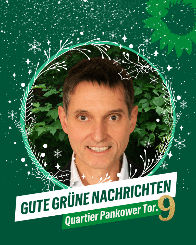 Winterliche grüne Grafik mit Schneeflocken und Dekokranz. In der Mitte ein Porträtfoto vor grünen Blättern. Es sit Cornelius Bechtler, der Pankower Baustadtrat. Text unten: „GUTE GRÜNE NACHRICHTEN – Quartier Pankower Tor. 9“. Oben rechts das Logo mit Sonnenblume und Igel-Silhouette.