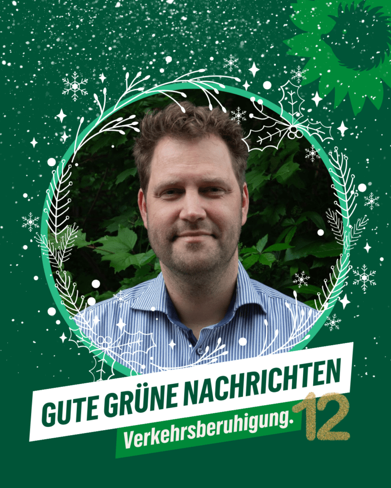 Porträtfoto von Jan Drewitz vor grünem Laub. Umrahmt von einem winterlichen, dekorativen Kranz im bündnisgrünen Adventsdesign. Text: ‚Gute grüne Nachrichten – Verkehrsberuhigung. 12‘. Sonnenblume mit Igel-Silhouette als Logo von B’90/GRÜNE Berlin.