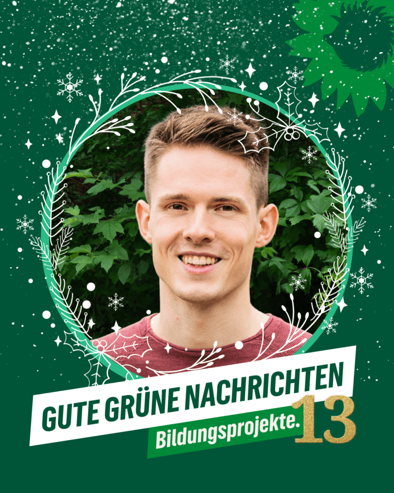 Porträt von einem jungen Mann vor grünem Laub, winterlich-weihnachtlicher Grafikrahmen im Adventsdesign. Es ist der Abgeordnete Louis Krüger. Text: ‚Gute grüne Nachrichten – Bildungsprojekte. 13‘. Logo: Sonnenblume mit Igel-Silhouette von B’90/GRÜNE Berlin.