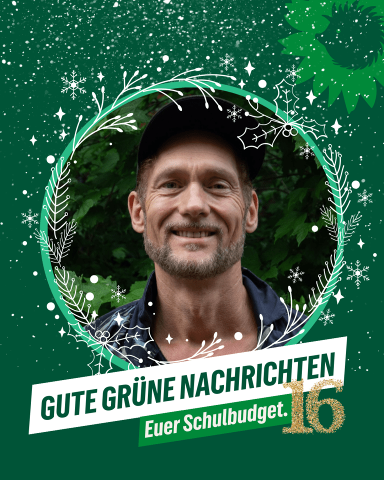 Porträt eines Mannes vor grünem Hintergrund mit winterlichem, dekorativem Kranz. Es ist Karsten Gloger, Mitglied der Bezirksverordnetenversammlung Pankow. Im Bild steht der Text: „GUTE GRÜNE NACHRICHTEN – Euer Schulbudget“. Unten rechts ist eine goldene Zahl „16“ zu sehen. Das Logo oben rechts zeigt die Sonnenblume mit Igel-Silhouette von B’90/GRÜNE in Berlin.