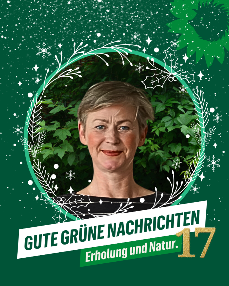 Porträt einer Frau vor grünem Laub, umrahmt von winterlichen grafischen Elementen. Darüber der Schriftzug „Gute Grüne Nachrichten“. Darunter der Titel „Erholung und Natur“. Rechts unten steht die goldene Zahl 17 für das Türchen. Oben rechts das Logo: Sonnenblume mit Igel-Silhouette von B’90/GRÜNE in Berlin.