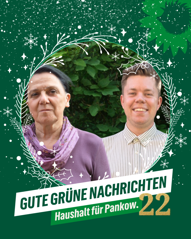 Porträt von zwei Personen vor grünem Hintergrund mit winterlichem Rahmen. Darüber das Logo „Sonnenblume mit Igel-Silhouette von B’90/GRÜNE in Berlin“. Text auf der Kachel: „GUTE GRÜNE NACHRICHTEN – Haushalt für Pankow“. Rechts unten die goldene Zahl 22 als Nummer des Türchens.