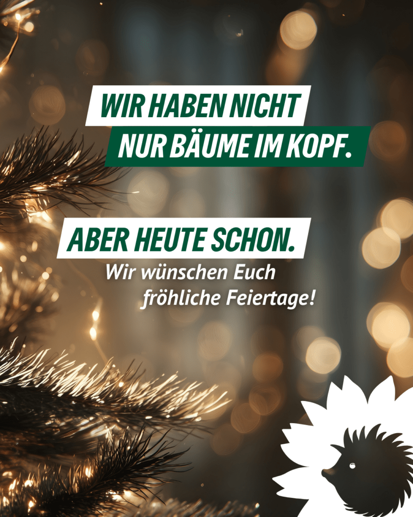 Weihnachtliche Grafik mit unscharfem Lichterhintergrund in warmen Goldtönen und einem Tannenzweig im Vordergrund. In der Mitte steht der Text:
„WIR HABEN NICHT NUR BÄUME IM KOPF.
ABER HEUTE SCHON.
Wir wünschen Euch fröhliche Feiertage!“
Rechts unten befindet sich das Logo: Sonnenblume mit Igel-Silhouette.