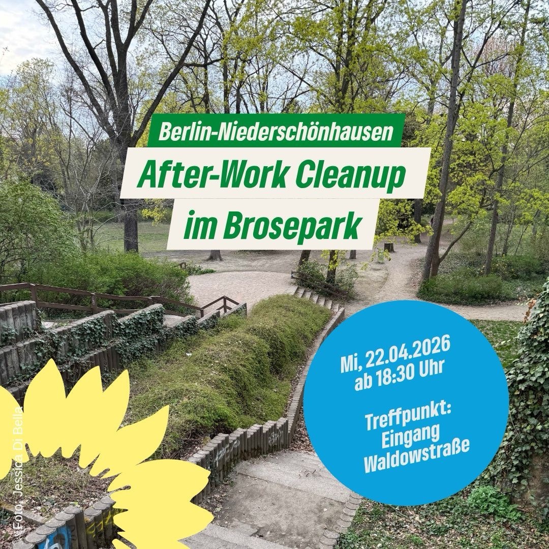 Foto aus dem Brosepark mit Treppe und Wiese – dazu die Veranstaltungsinformationen